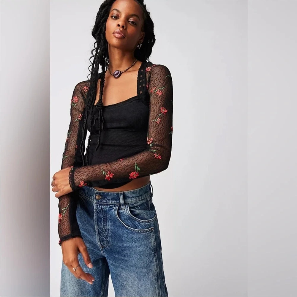 Free People Jolie Top Black and Red S